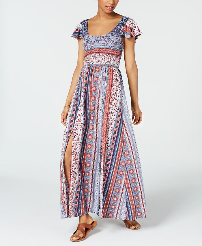 American Rag Juniors Printed Smocked Tassel Trimmed Maxi Dress