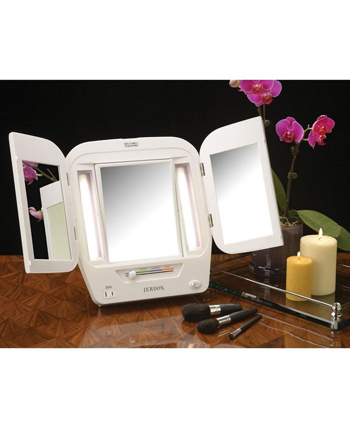 Jerdon The JgL10W Tabletop TriFold TwoSided Lighted Makeup Mirror