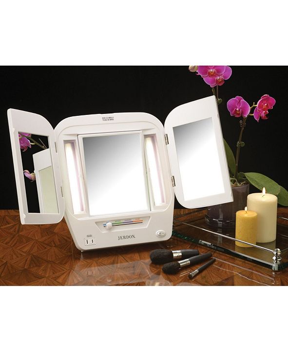 Jerdon The JgL10W Tabletop TriFold TwoSided Lighted Makeup Mirror
