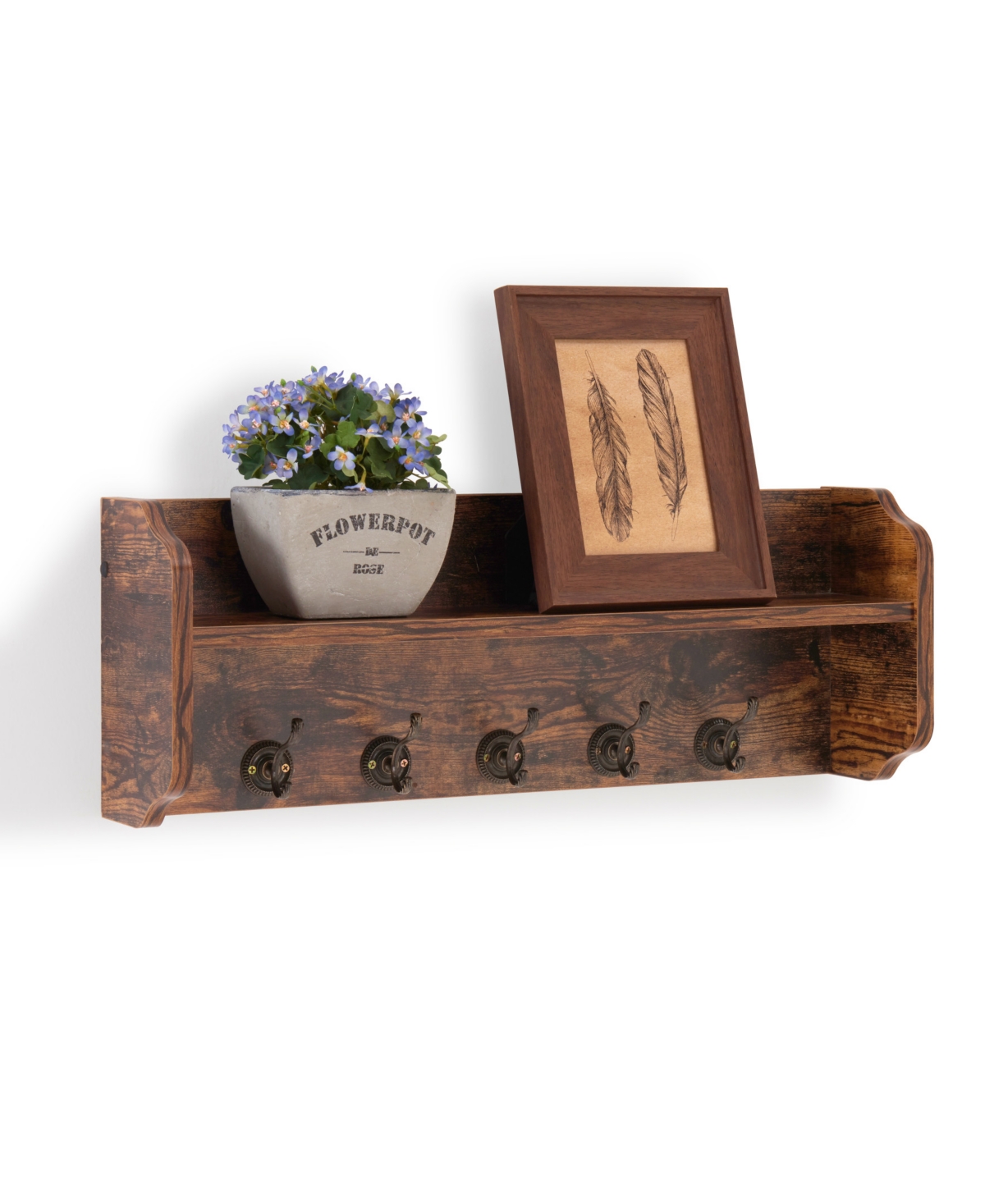 Danya B. Utility Wall Shelf with Hooks - Aged Wood - Brown