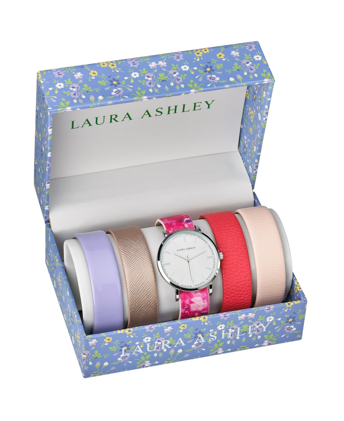 Laura Ashley Silver Slidethrough Interchangeable Sleek Dial Floral Straps Set Watch
