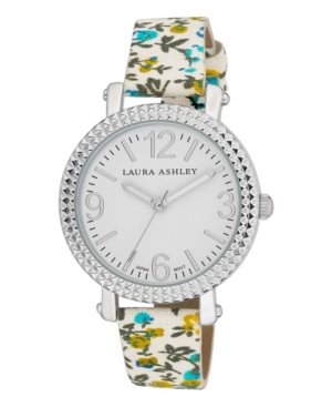 image of Laura Ashley Women-s Blue Floral Band Fluted Bezel Watch