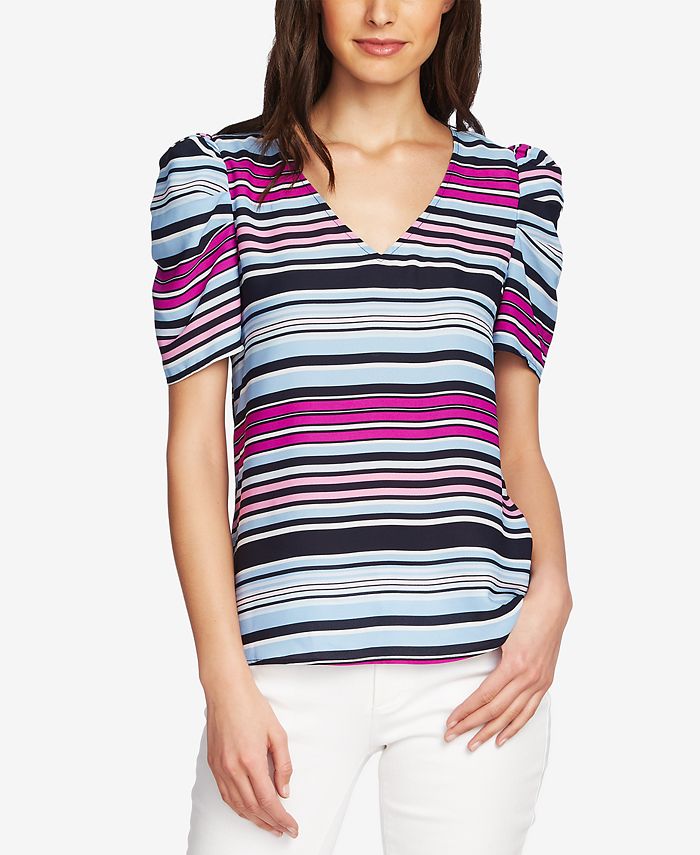 Vince Camuto Striped Puff-Sleeve Top - Macy's