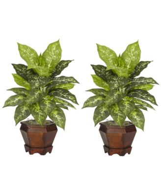 Dieffenbachia w/Wood Vase Silk Plant, Set of 2
