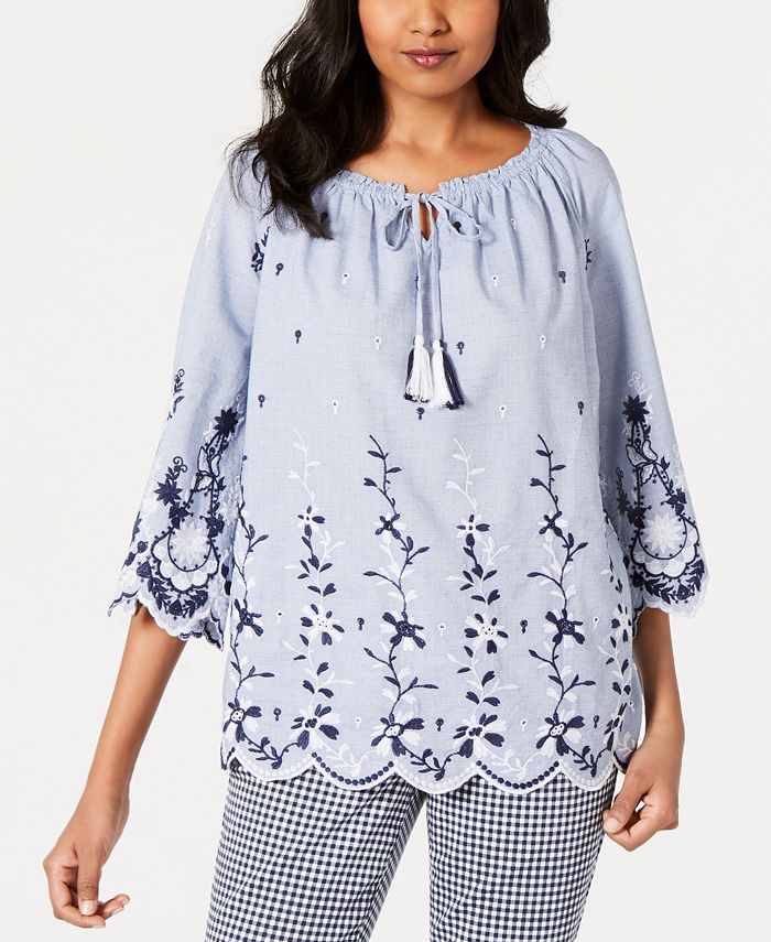 Charter Club Embroidered Peasant Top, Created for Macy's - Macy's
