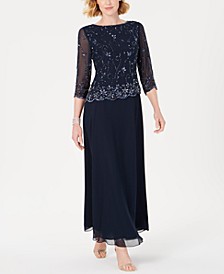 Women's Lace-Overlay Embellished Mock Two-Piece Gown