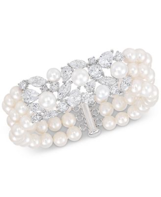 Arabella - Cultured Freshwater Pearl (6-8mm) & Cubic Zirconia Cuff Bracelet in Sterling Silver, Created for Macy's