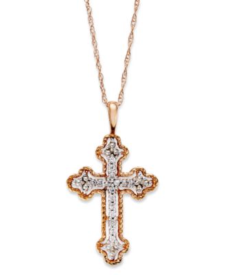 Diamond Antique Cross Pendant Necklace in 14k White, Yellow, or Rose Gold (1/10 ct. t.w)