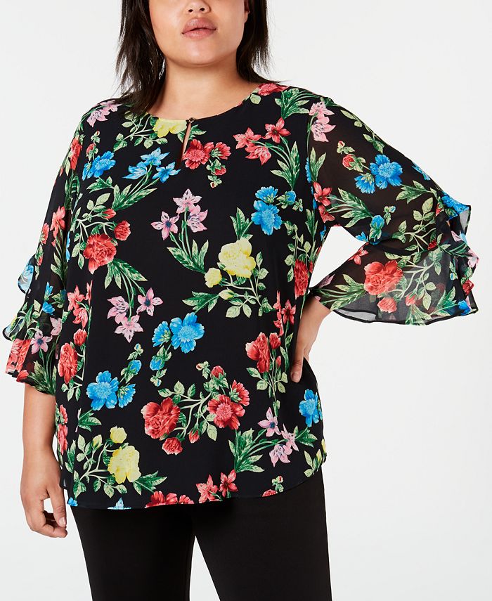 Calvin Klein Women's Plus Size Printed Roll-Tab Top Gray Size 3X