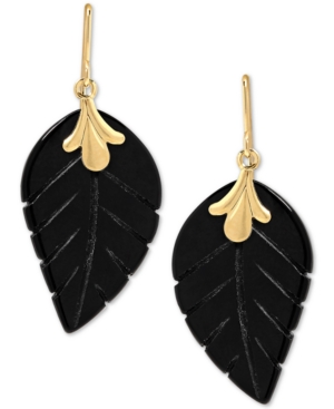 image of Onyx (21 x 13mm) Leaf Drop Earrings in 10k Gold