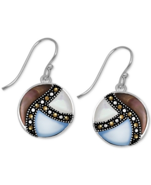 image of Marcasite & Shell Disc Drop Earrings in Fine Silver Plate