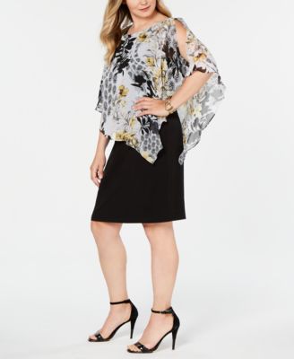 Connected Plus Size Printed Chiffon Cape Dress