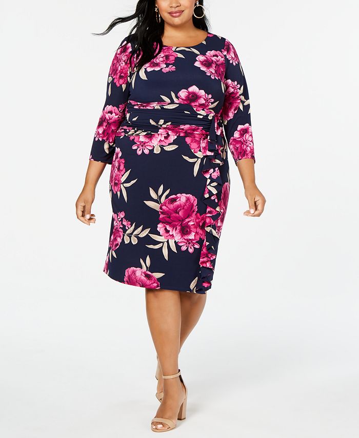 Jessica Howard Plus Size Ruched-Waist Long-Sleeve Midi Dress