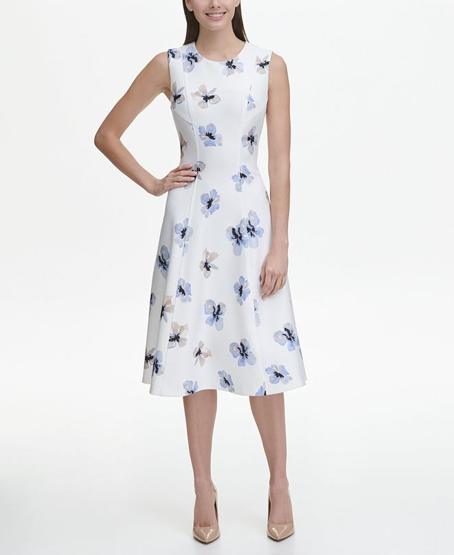 Tommy Hilfiger Eloise Floral Sleeveless Scuba Fit and Flare Midi Dress ...