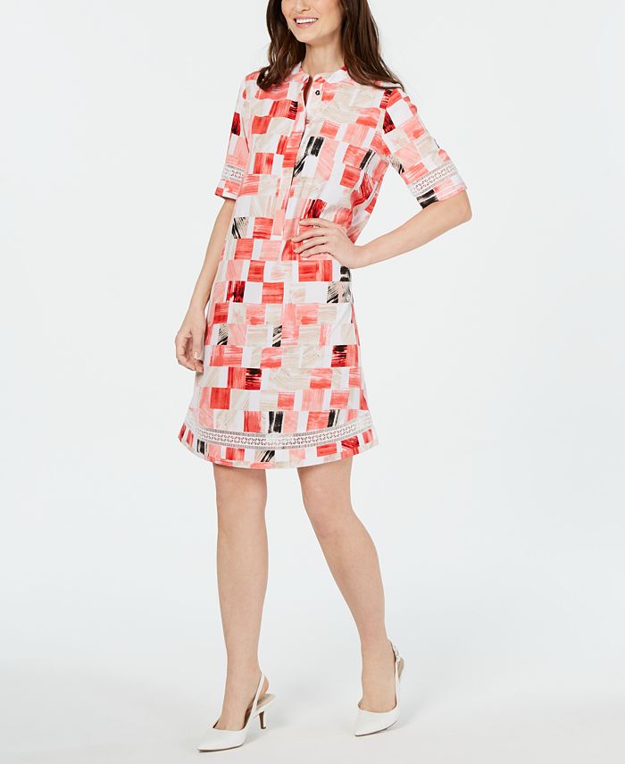 Alfani Square-Print Crochet-Trim Shirtdress, Created for Macy's - Macy's