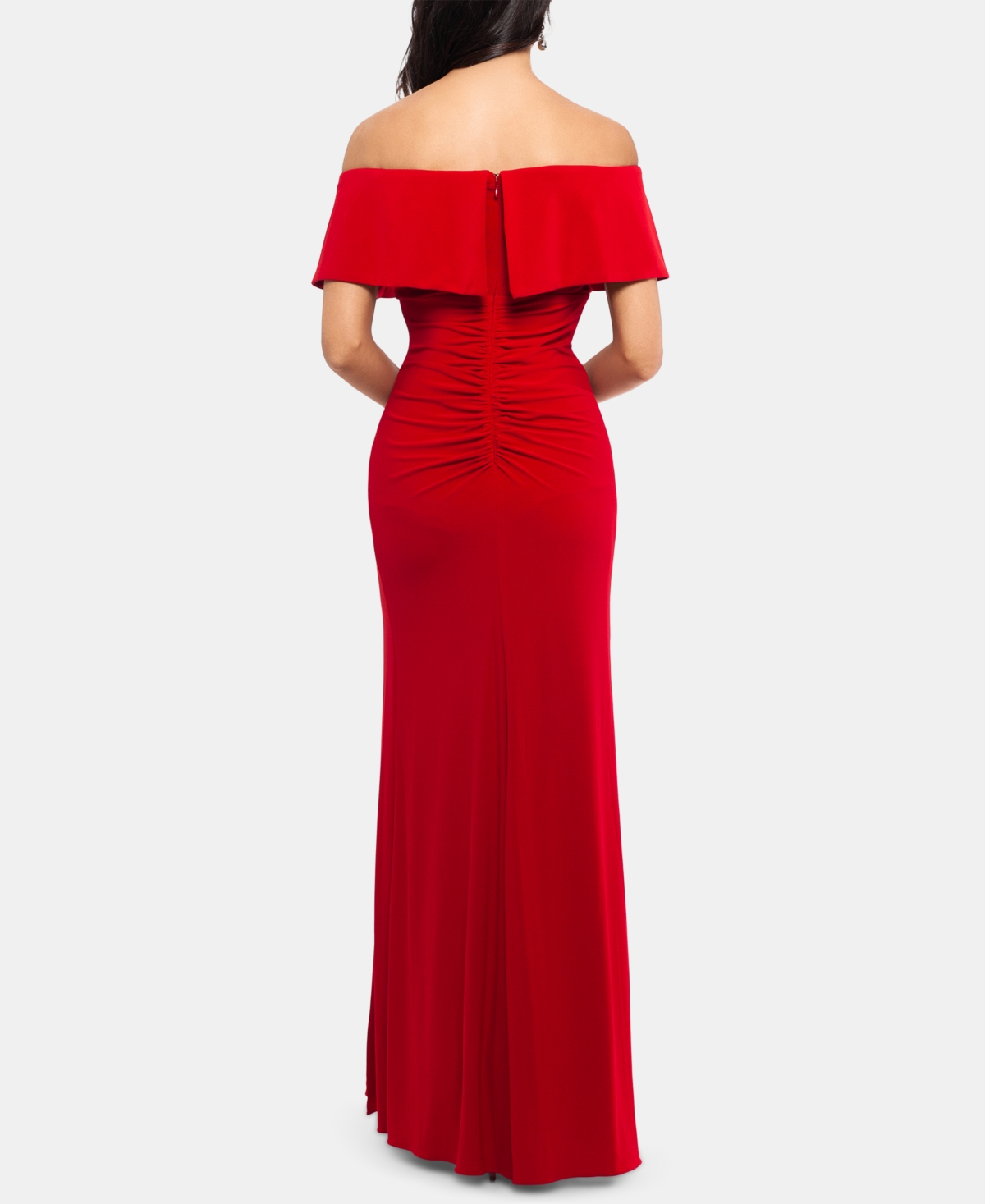 XSCAPE X BY XSCAPE RUFFLED OFF-THE-SHOULDER GOWN 