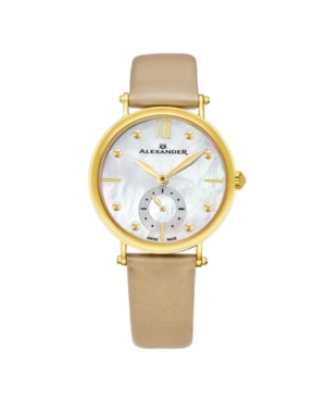 image of Alexander Watch A201-02, Ladies Quartz Small-Second Watch with Yellow Gold Tone Stainless Steel Case on Gold Satin Strap