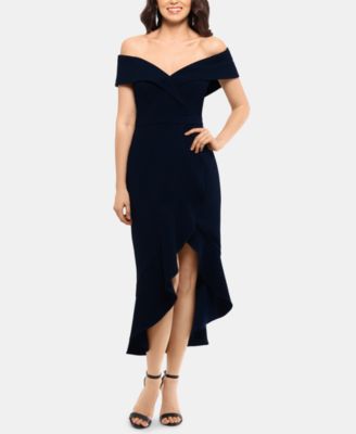 xscape off the shoulder midi dress