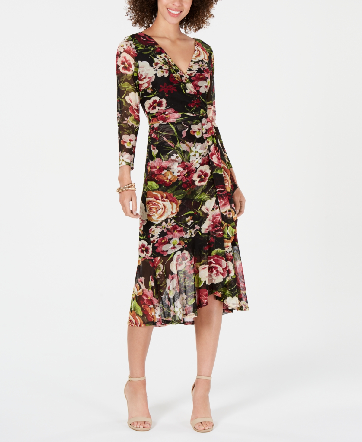 Connected Wrap Floral Midi Dress In Black