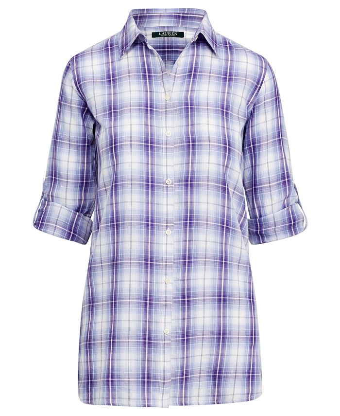 Lauren Ralph Lauren Plaid-Print Roll-Tab Button-Down Cotton Shirt - Macy's