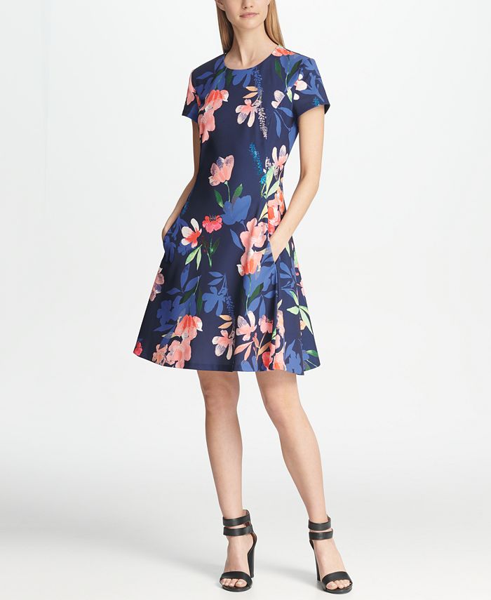 DKNY Short Sleeve Floral Fit & Flare Dress - Macy's