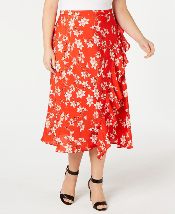 Calvin Klein Plus Size Floral-Print Ruffle-Front Skirt & Reviews ...