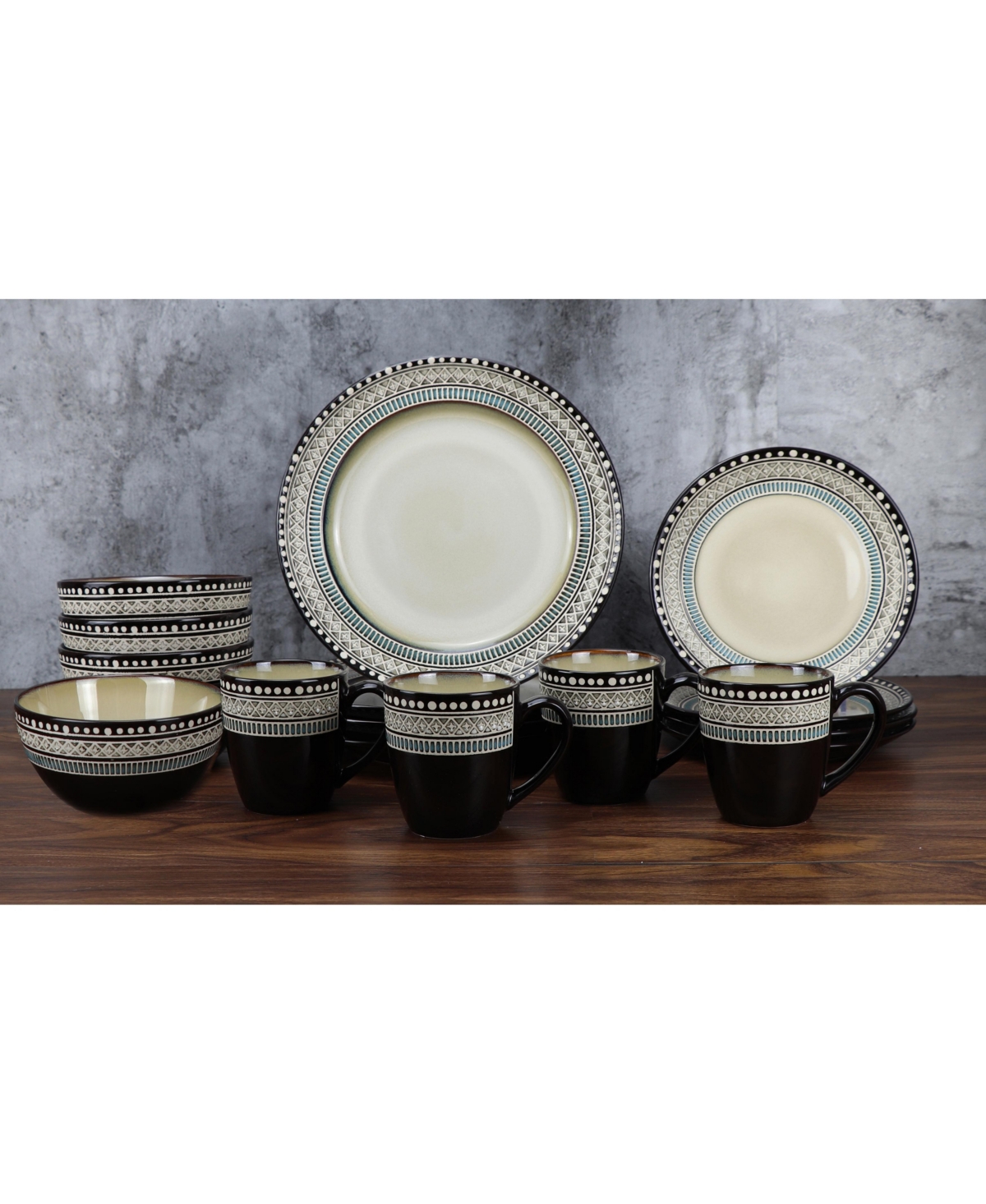 Lorren Home Trends 16 Piece Glazed Dinnerware - Neutral and Blue