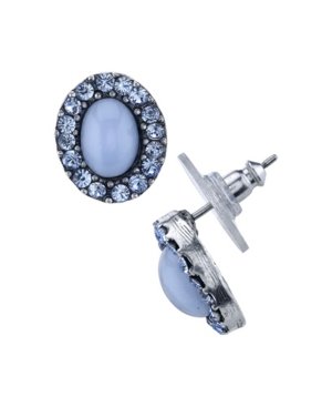 image of 2028 Pewter Tone Lt. Blue Moonstone and Crystal Oval Post Button Earrings