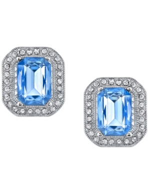 image of 2028 Silver-Tone Lt. Sapphire Blue with Crystal Octagon Button Earrings