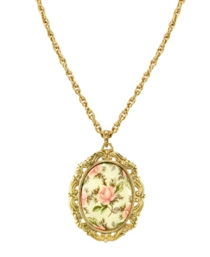 image of 2028 Gold Tone Ivory Color Floral Decal Pendant Necklace 24
