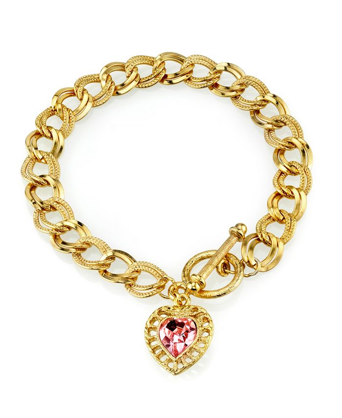 14K Gold-Dipped Pink Crystal Elements Heart Toggle Bracelet