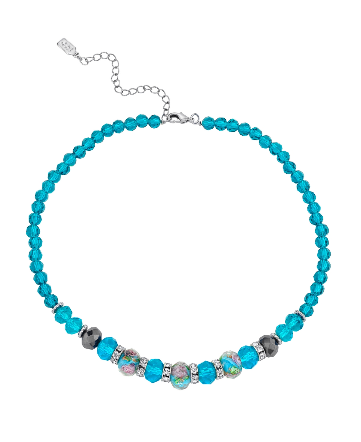 2028 Silver Tone Aqua Pink Floral Beaded Necklace 15" Adjustable In Blue