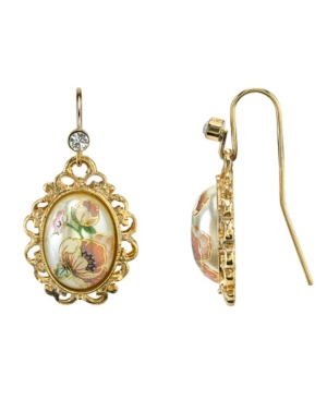 image of Downton Abbey Gold-Tone Flower Decal Oval Drop Earrings