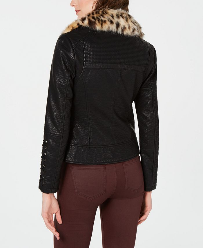 GUESS Faux-Leather Moto Jacket with Leopard-Print Faux-Fur Collar ...