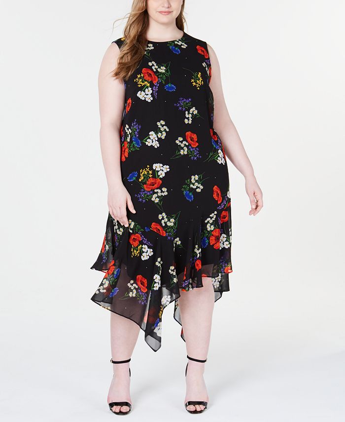 Calvin Klein Plus Size Floral Printed Chiffon Midi Dress - Macy's