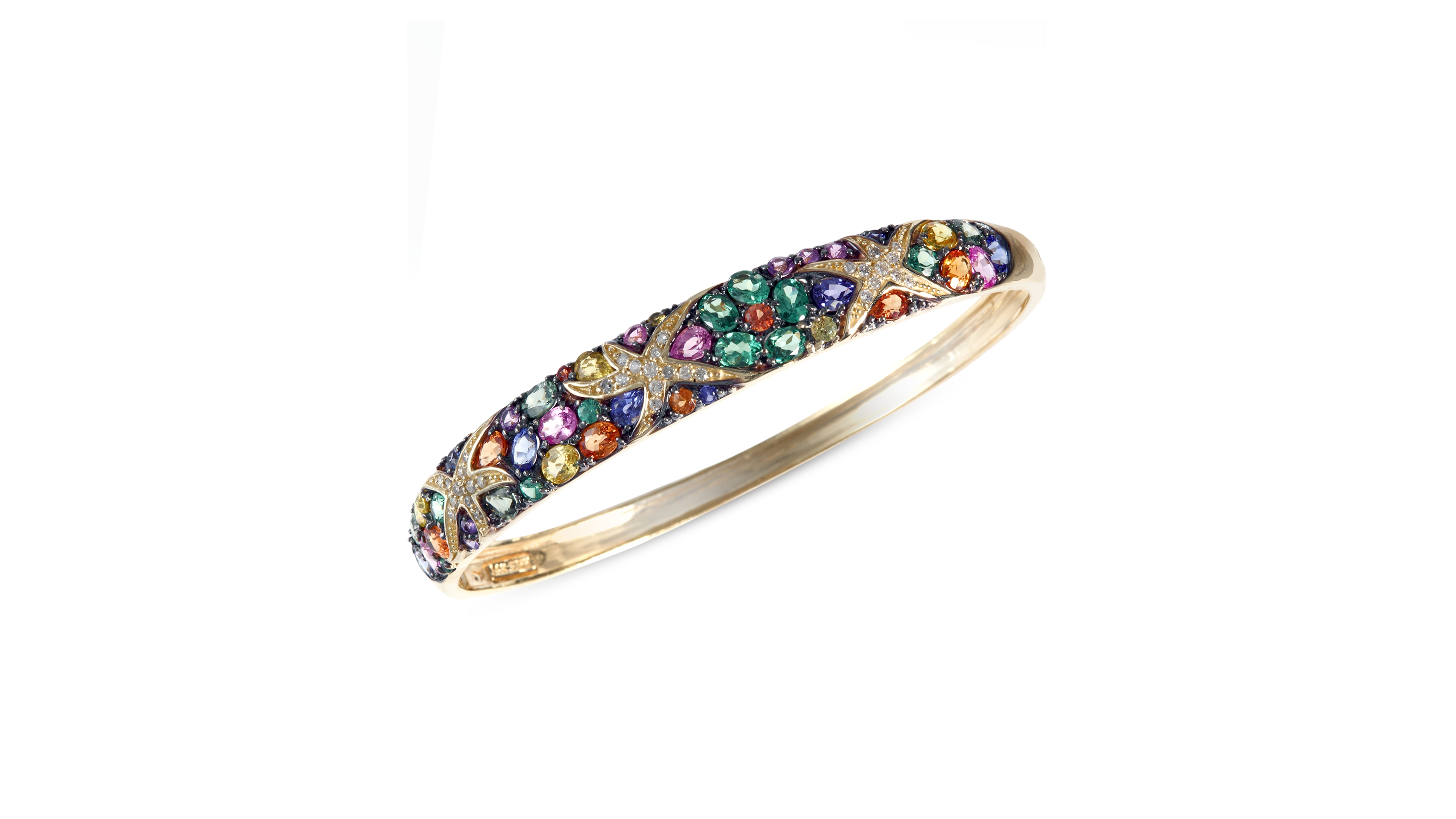 Effy Multicolor Sapphire (7-5/8 ct. t.w.) and Diamond (1/4 ct. t.w.) Starfish Bangle in 14k Gold, Created for Macy's