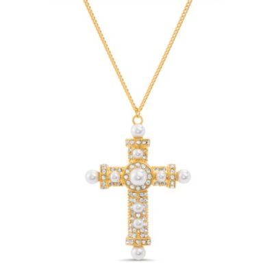 Steve Madden - Women's Simulated Pearl Fancy Cross Chain Yellow Gold-Tone Necklace