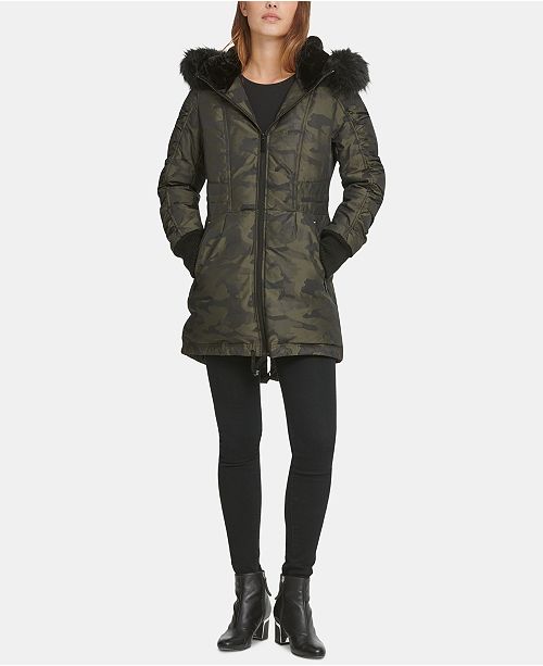 Dkny Faux Fur Trim Camo Print Puffer Coat Reviews Coats