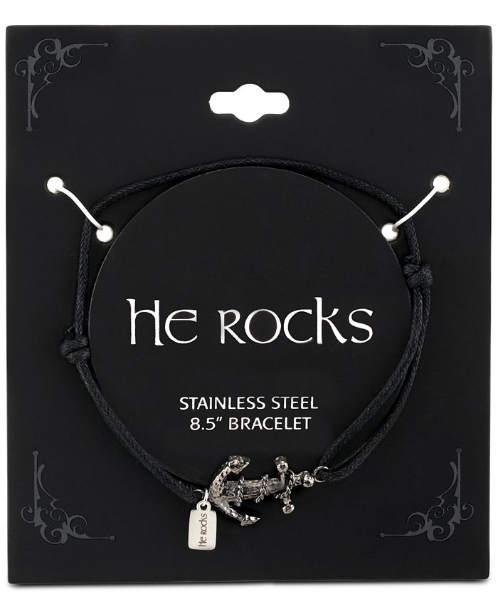 He Rocks - Black Cord Bracelet featuring Stainless Steel Anchor, 8.5"