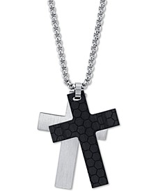 Silver and Black Double Cross Pendant Necklace In Stainless Steel, 24" Chain