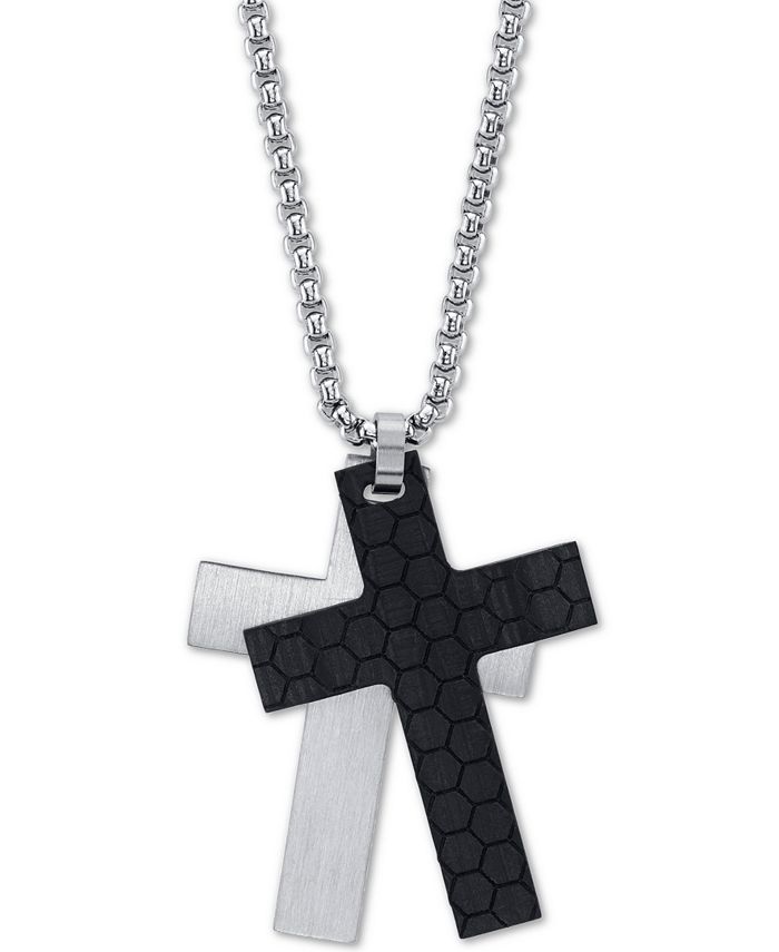 He Rocks - Silver and Black Double Cross Pendant Necklace In Stainless Steel, 24" Chain