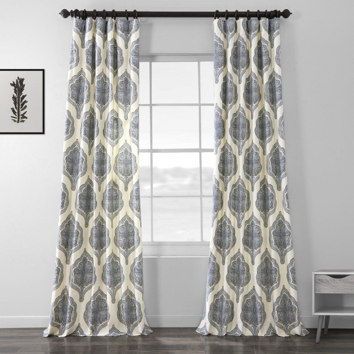 Half Price Drapes Arabesque Blue Emblem Printed Cotton Room Darkening Curtain