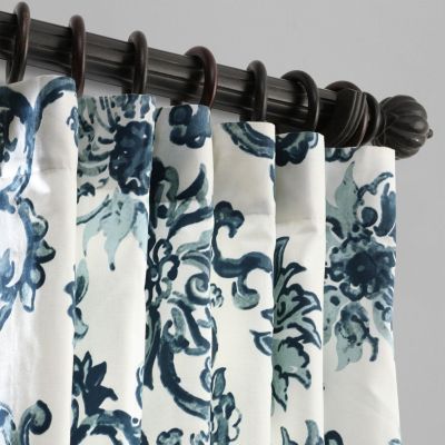 Indonesian Blue Floral Printed Cotton Room Darkening Curtain