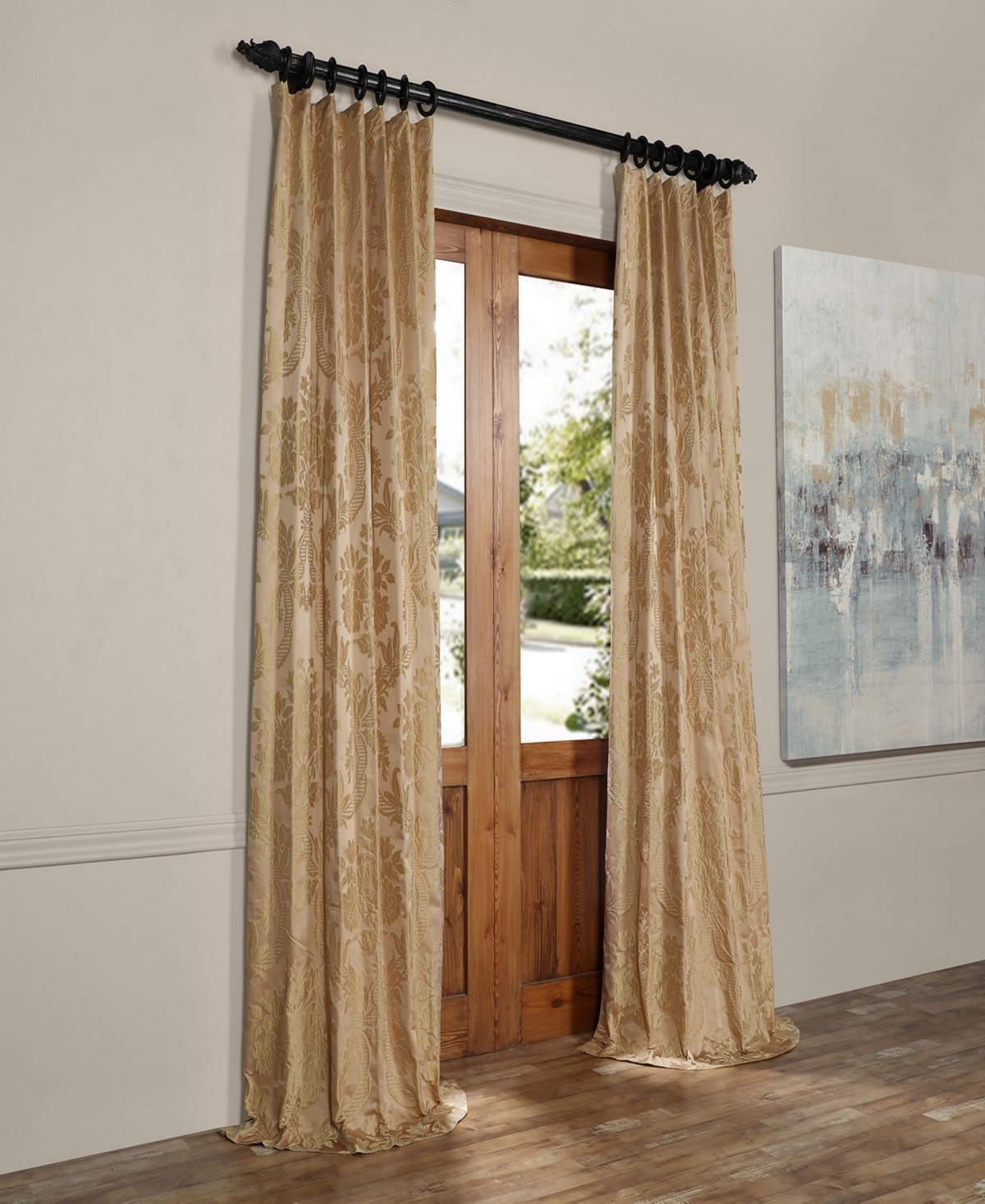 Half Price Drapes Magdelena Beige & Gold Damask Faux Silk Jacquard Room Darkening Curtain In Beige,tan
