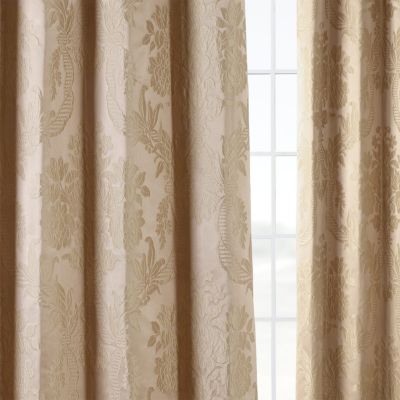 Magdelena Beige & Gold Damask Faux Silk Jacquard Room Darkening Curtain