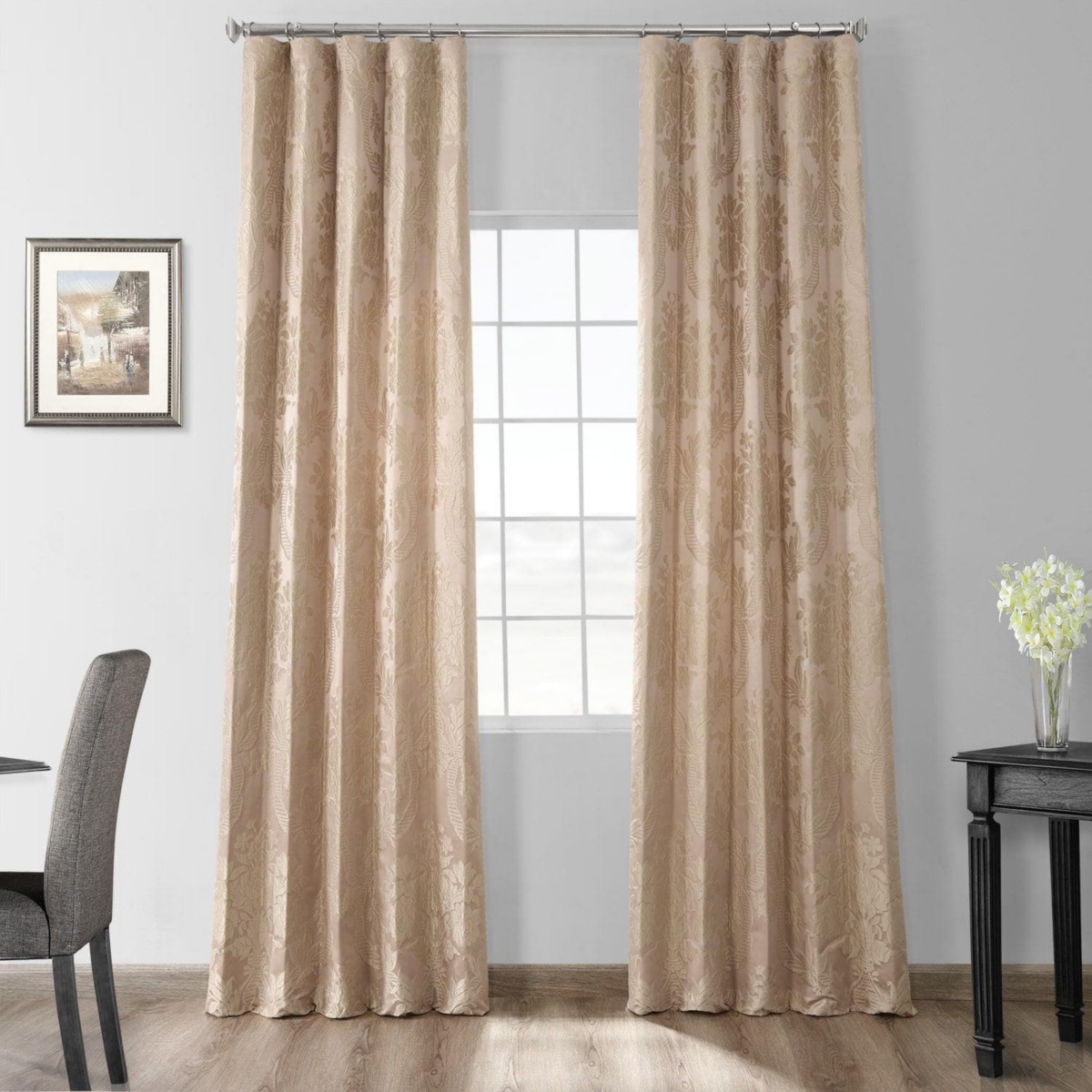 Half Price Drapes Magdelena Beige & Gold Damask Faux Silk Jacquard Room Darkening Curtain