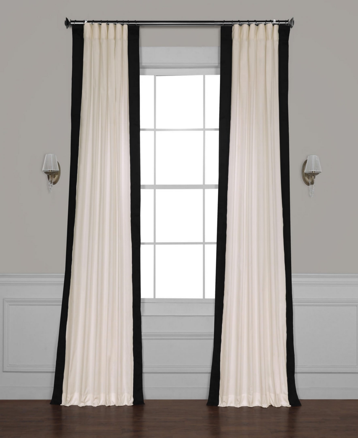 Half Price Drapes Fresh Popcorn & Black Bordered Vertical Printed Cotton Curtain In White