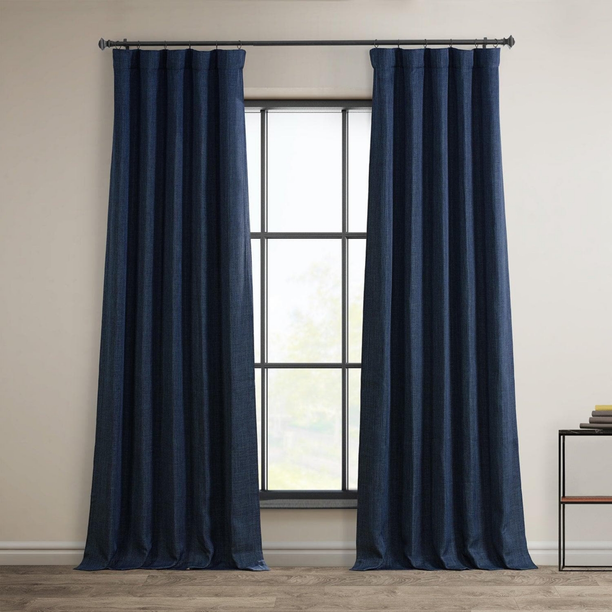 Half Price Drapes Nightfall Navy Textured Faux Linen Room Darkening Curtain In Multi