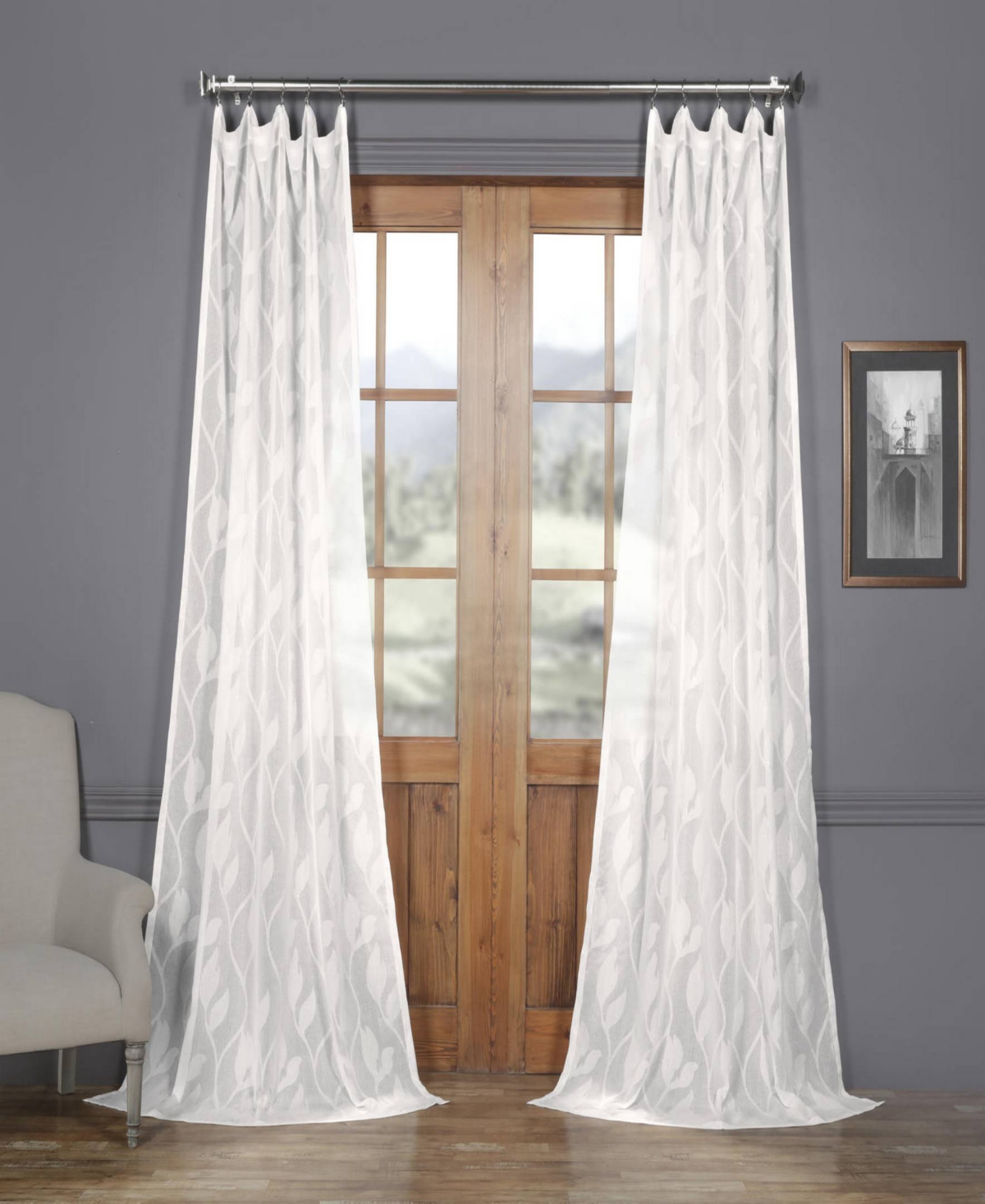 HALF PRICE DRAPES AVIGNON VINE FLORAL PATTERNED FAUX LINEN SHEER CURTAIN 