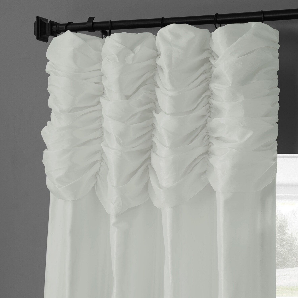 Half Price Drapes Eggshell Ruched Solid Faux Silk Taffeta Room Darkening Curtain In White